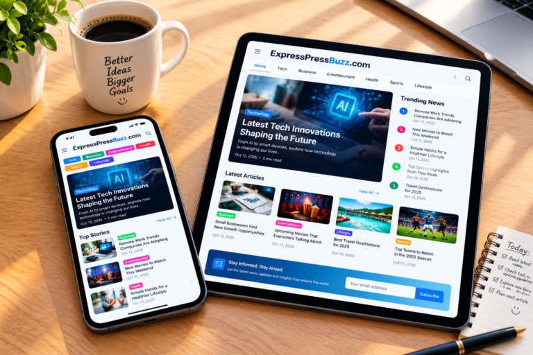 Smartphone and tablet displaying the ExpressPressBuzz com news homepage on a wooden desk