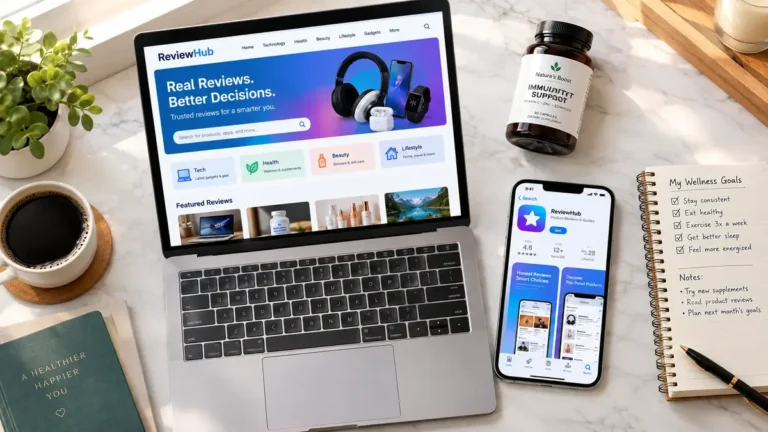 Laptop and smartphone displaying PressVibePulse Com digital review platform alongside health products and notes on a modern desk