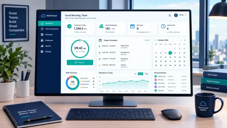 Modern dual-monitor workplace terminal showing the shift status dashboard of Timewarp Taskus