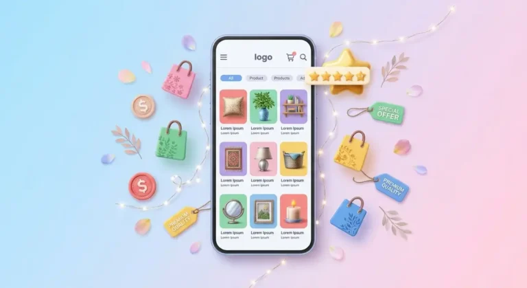 3D render of a smartphone screen displaying a colorful home decor online store surrounded by floating shopping bags, rating stars, and discount tags