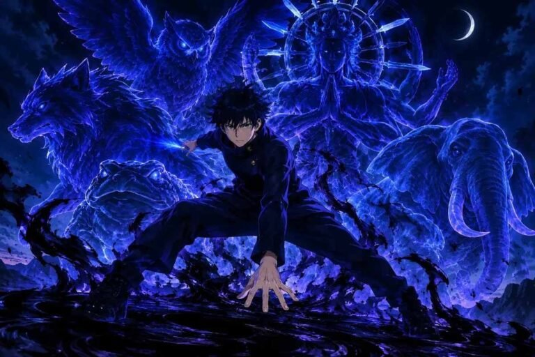 Megumi Fushiguro standing in Chimera Shadow Garden surrounded by Ten Shadows shikigami silhouettes under moonlight
