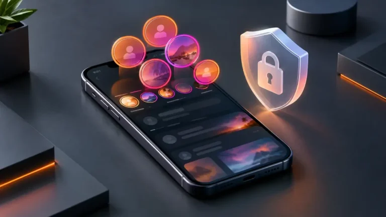 Storiesig anonymous Instagram story viewer concept showing smartphone with floating story circles and frosted privacy shield