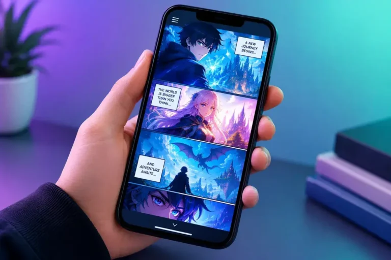 Smartphone displaying a colorful vertical-scrolling Webtoon comic with fantasy characters