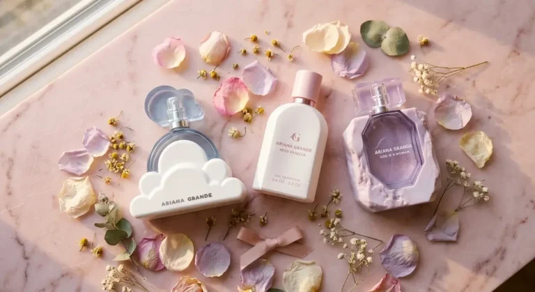 Complete collection of Ariana Grande perfume bottles including Cloud, Mod Vanilla, and God Is a Woman arranged on a pink marble surface with flower petals